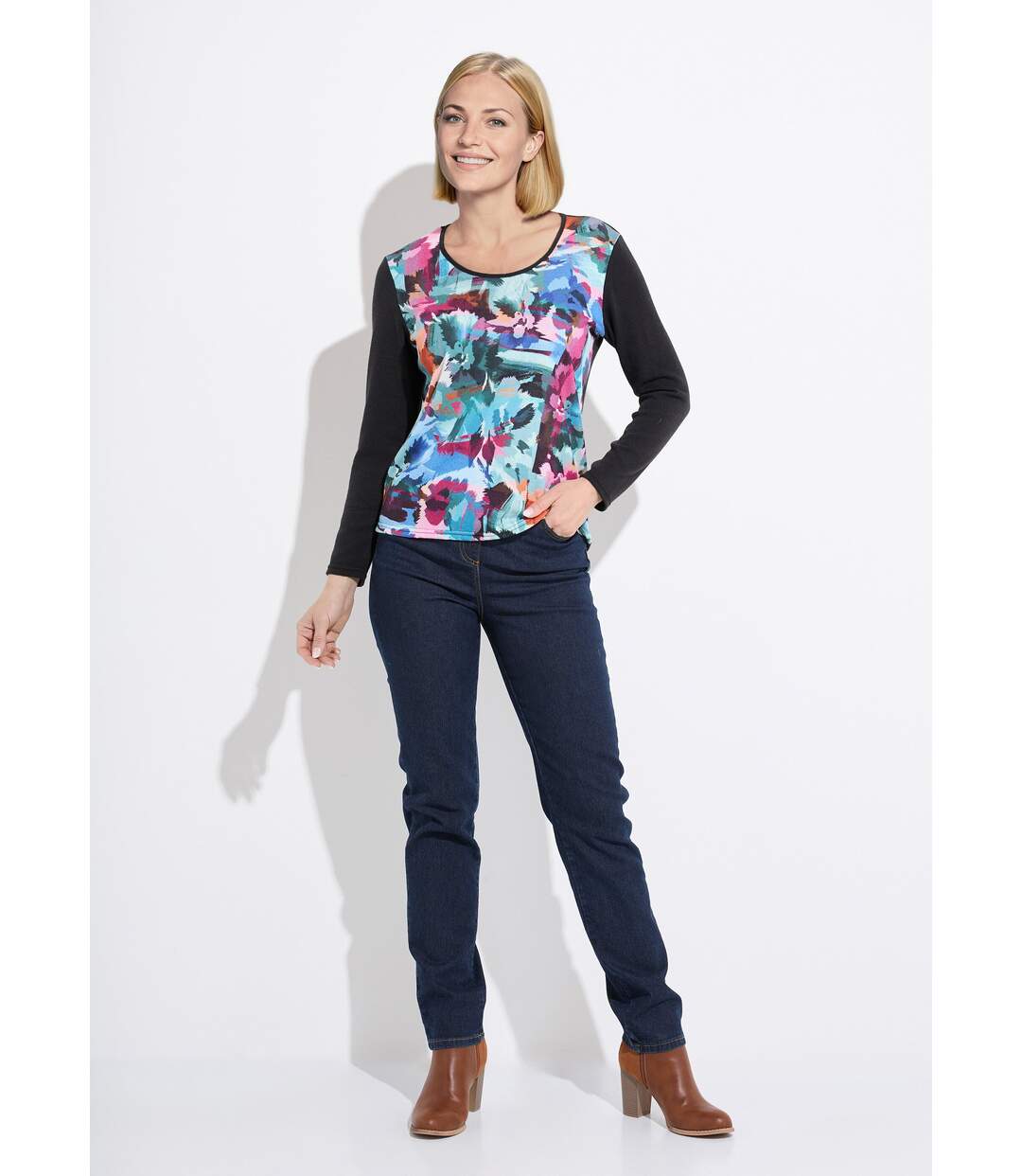 T-shirt chaud uni motif devant manches longues-3