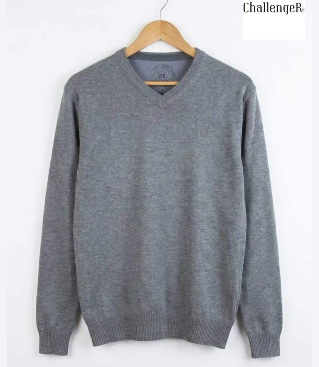 Pull Col V Homme PALAIS3 Gris avec Finitions Chambray-5