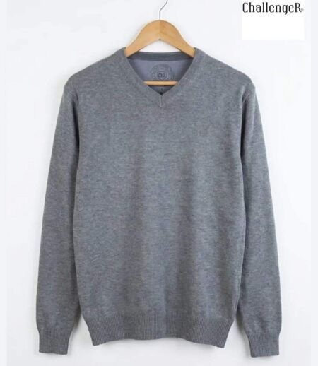 Pull Col V Homme PALAIS3 Gris avec Finitions Chambray