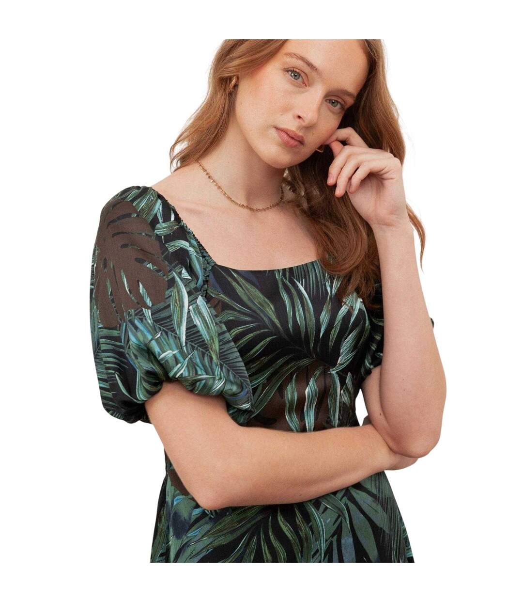 Robe Longue Manches Bouffantes Motif/style Tropical Femme Bleu Marine Lovedrobe-3