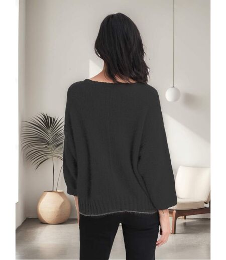 Pull femme manches 3/4 - Couleur noir - Col en pointe