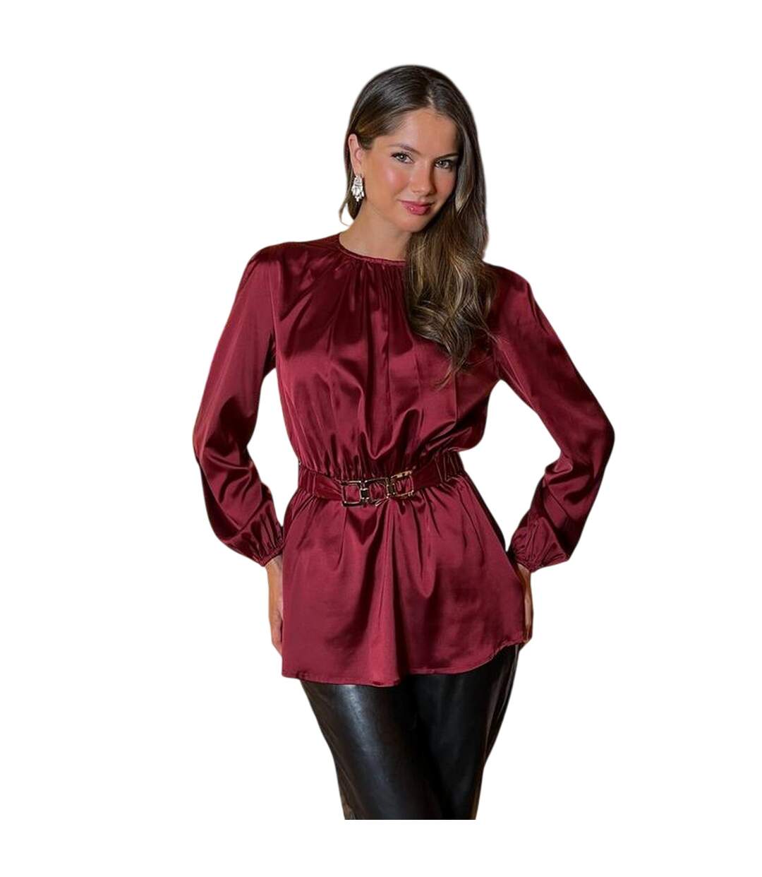 Womens/ladies Gold Detail Belt Long-sleeved Top Wine Ax-2