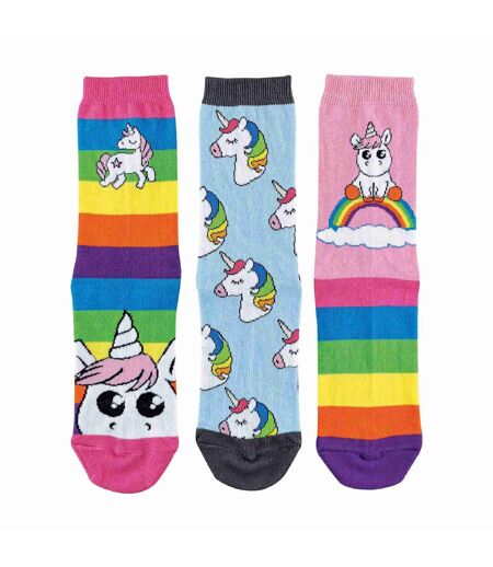 3 Pack Ladies Striped Colourful Novelty Rainbow Unicorn Socks