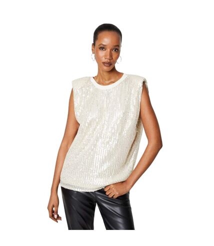 Womens/ladies sequin padded shoulder top champagne Principles