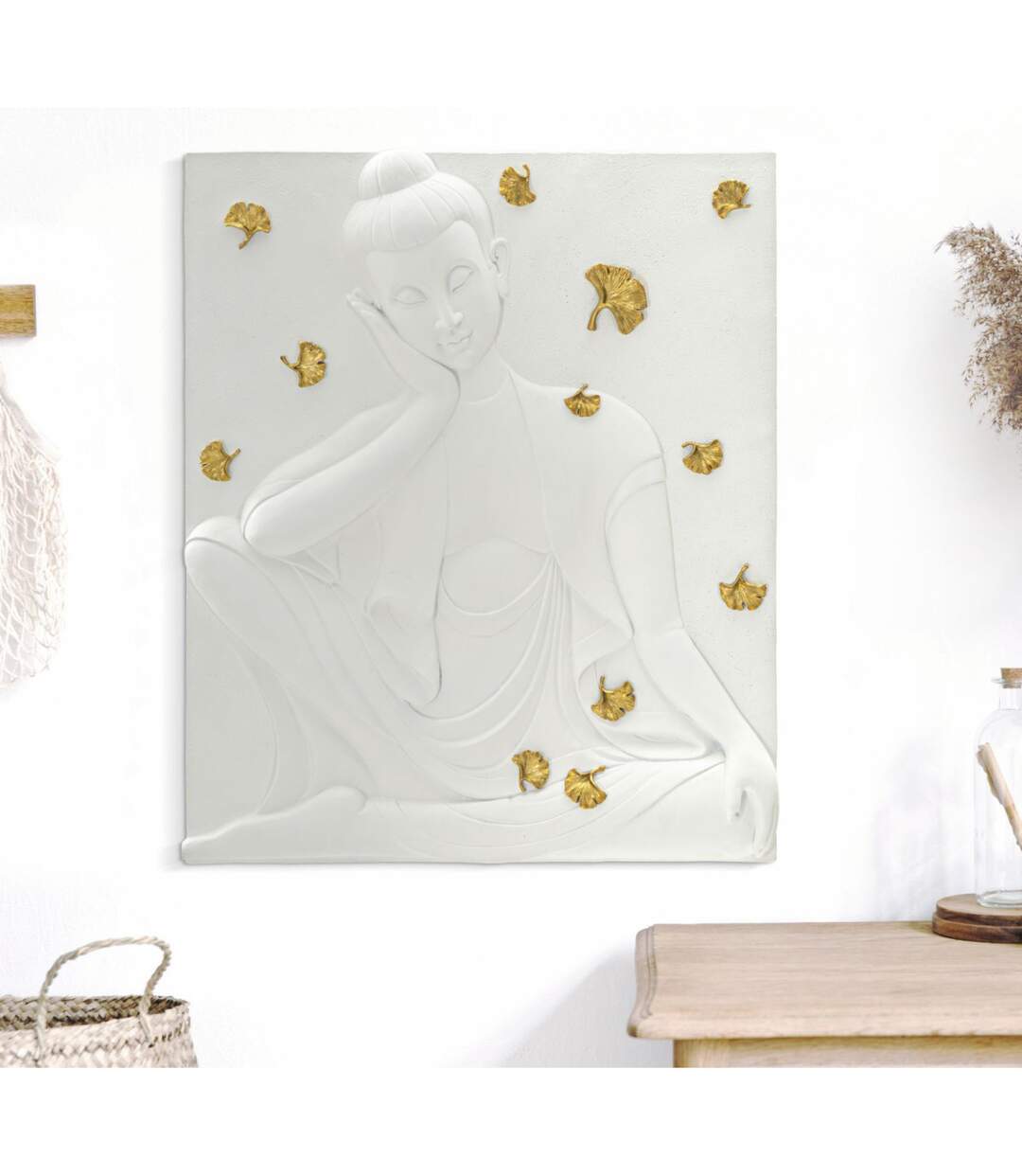 Décoration Murale en Résine Bouddha 55cm Blanc & Or-5