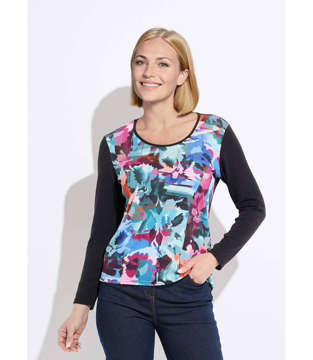T-shirt chaud uni motif devant manches longues-1