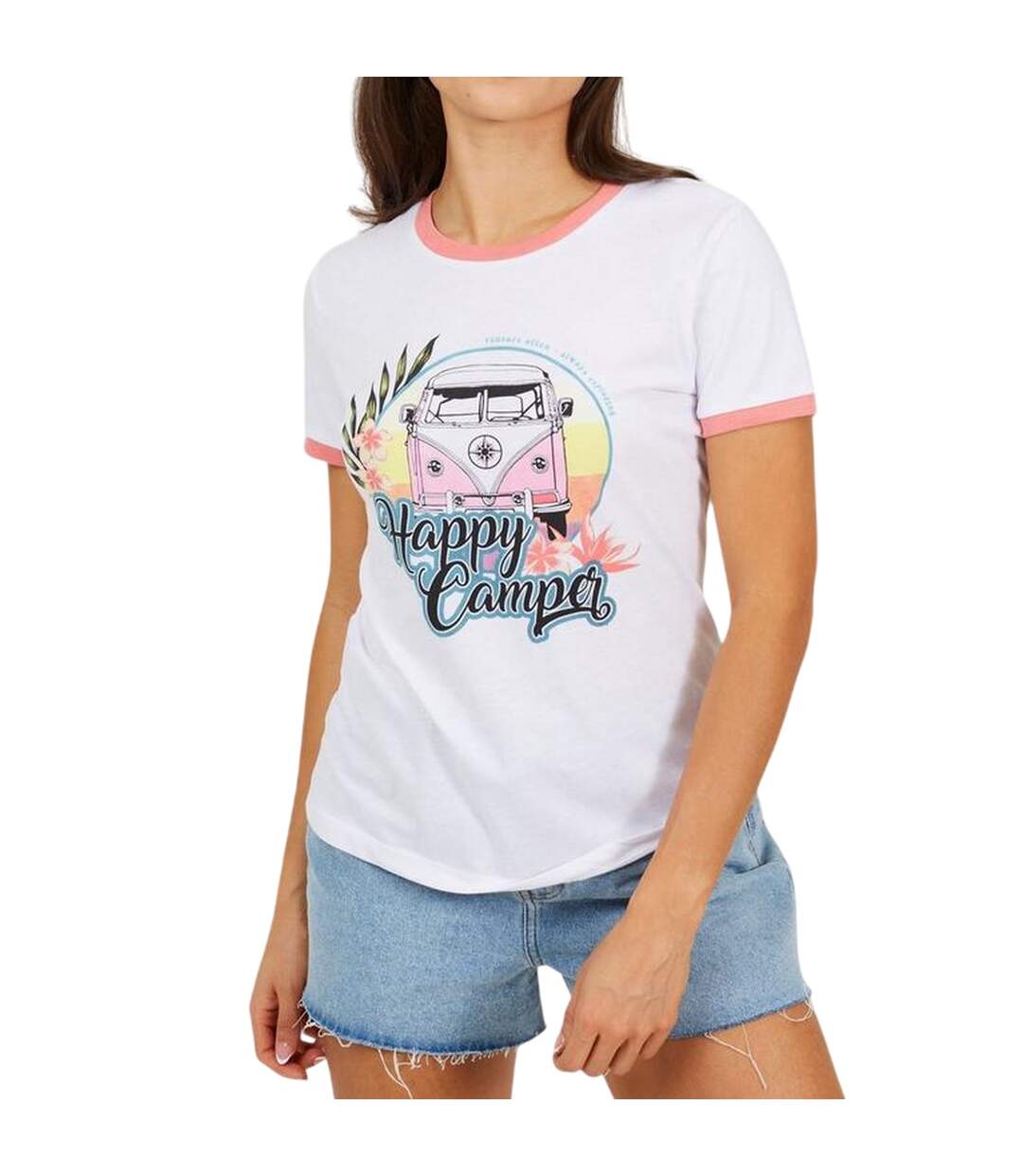 T-shirt Happy Camper Femme Blanc Corail Brave Soul-2