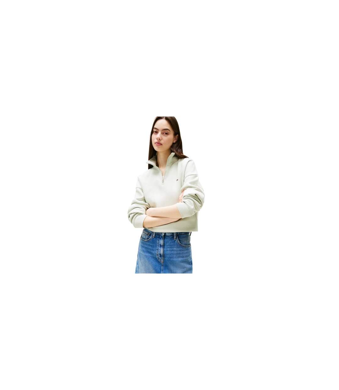Womens/ladies Fleece Quarter Zip Boxy Crop Sweatshirt Misty Tommy Jeans-1