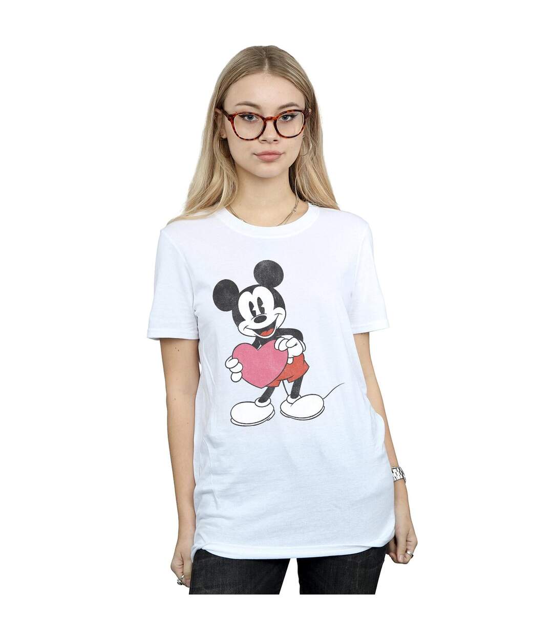 Disney Womens/Ladies Mickey Mouse Valentine Heart Cotton Boyfriend T-Shirt (Blanc) - UTBI35871-2