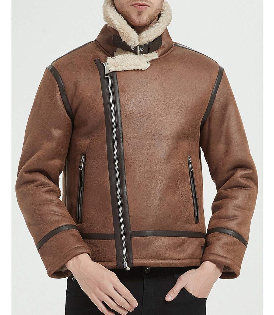 Veste aviateur marron camel avec simili cuir et doublure ...