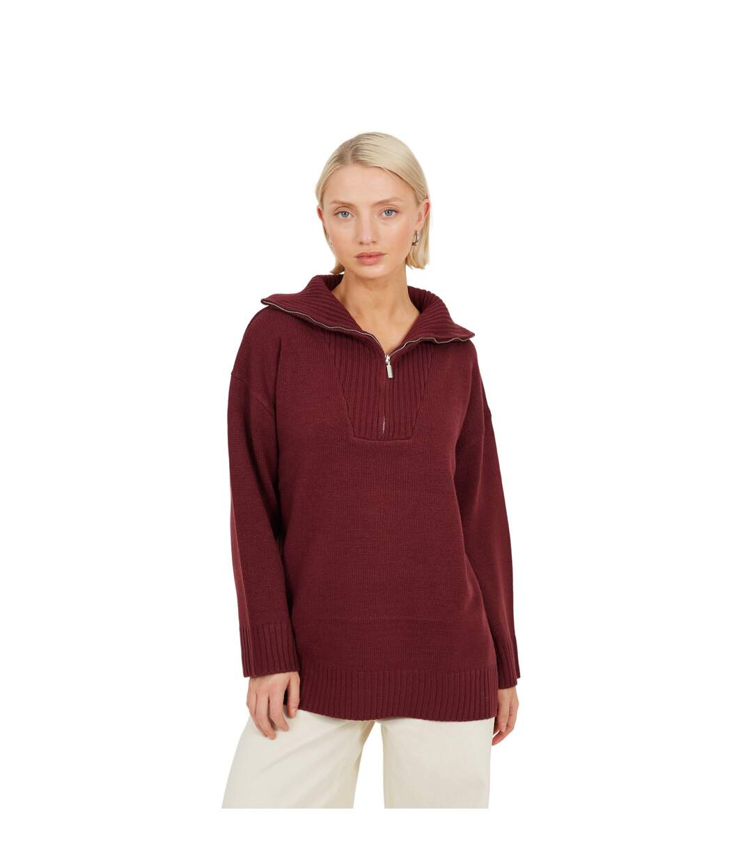 Womens/ladies Fashion Zip Drop Shoulder Jumper Wine Brave Soul-2