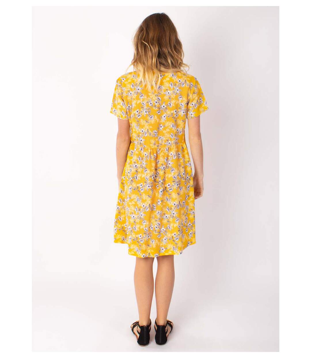 Robe babydoll manches courtes DINA imprimé fleuri jaune Coton Du Monde