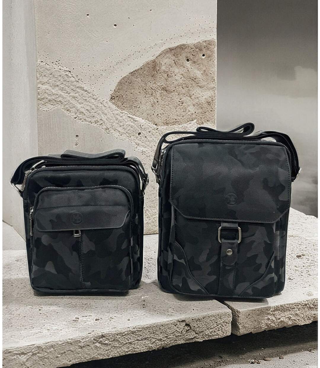 Lot de 2, grande et petite sacoche bandoulière homme noir à  rabat en PVC vieilli - Style intemporel-5