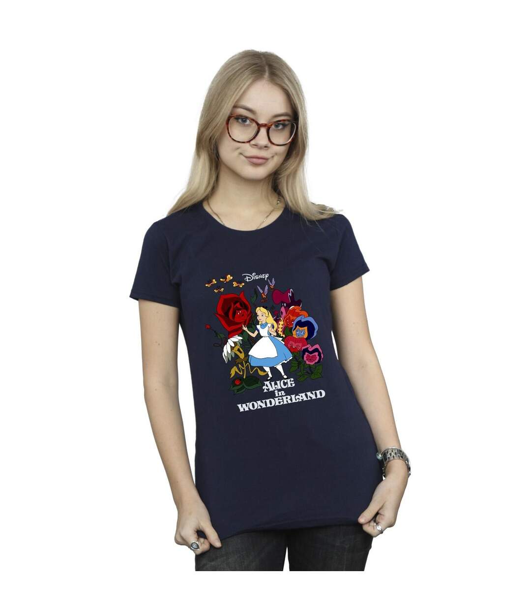 Disney Femme/Ladies Alice In Wonderland - T-shirt en coton avec fleurs (Bleu marine) - UTBI6921-2
