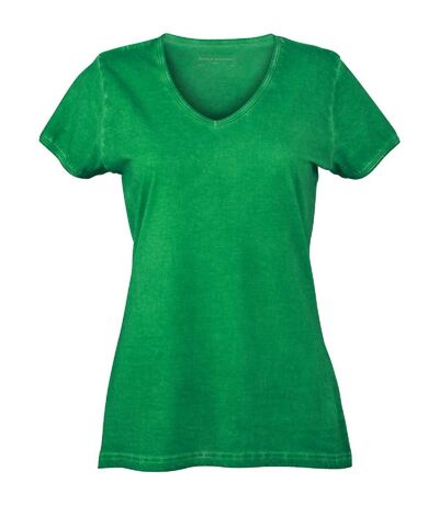 T-shirt style bohémien col V femme JN975 - vert fougère