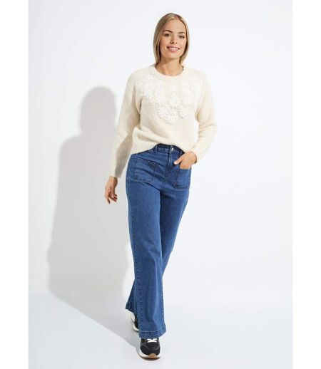 Pull moelleux col rond fleurs brodées