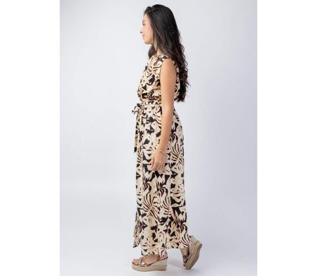 Robe coupe longue fendue IMANY imprimé ethnique noir et beige Coton Du Monde