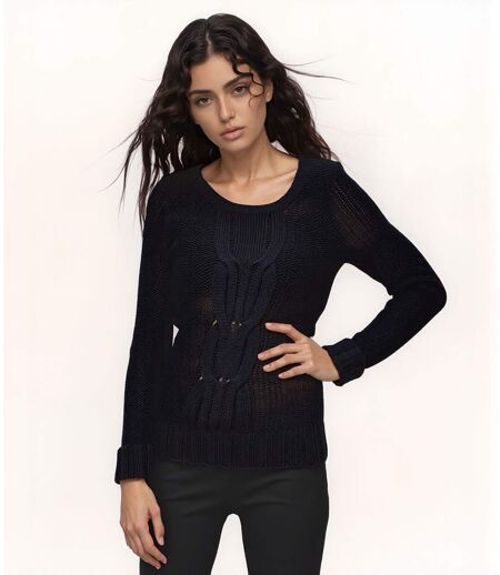 Pull Doux Femme Col Rond Noir - Manches Longues Torsadées