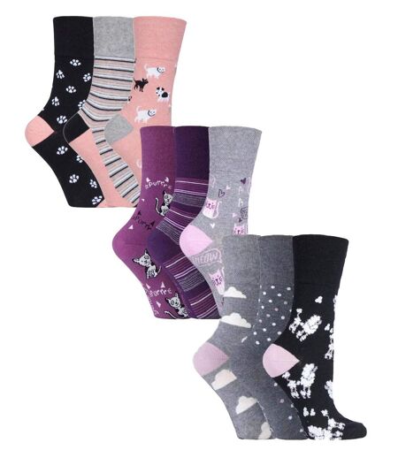 9 Pair Multipack Ladies Cotton Crew Non Elastic Socks | Gentle Grip | Womens Soft Top Striped Patterned Non Binding Socks