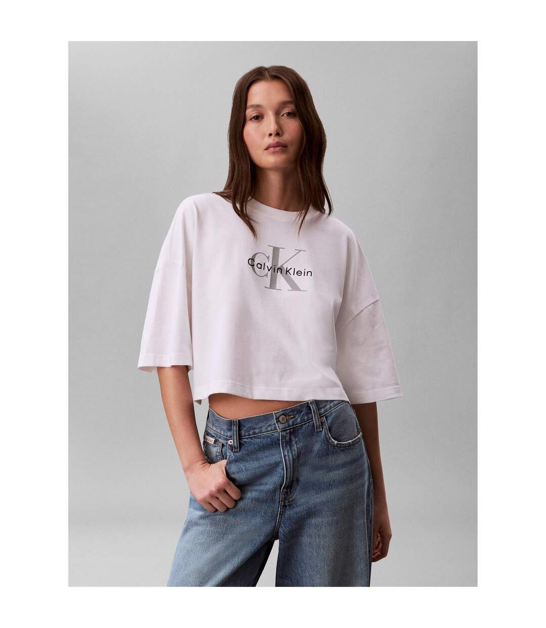 Womens/ladies Oversized Crop T-shirt Bright White Calvin Klein-3