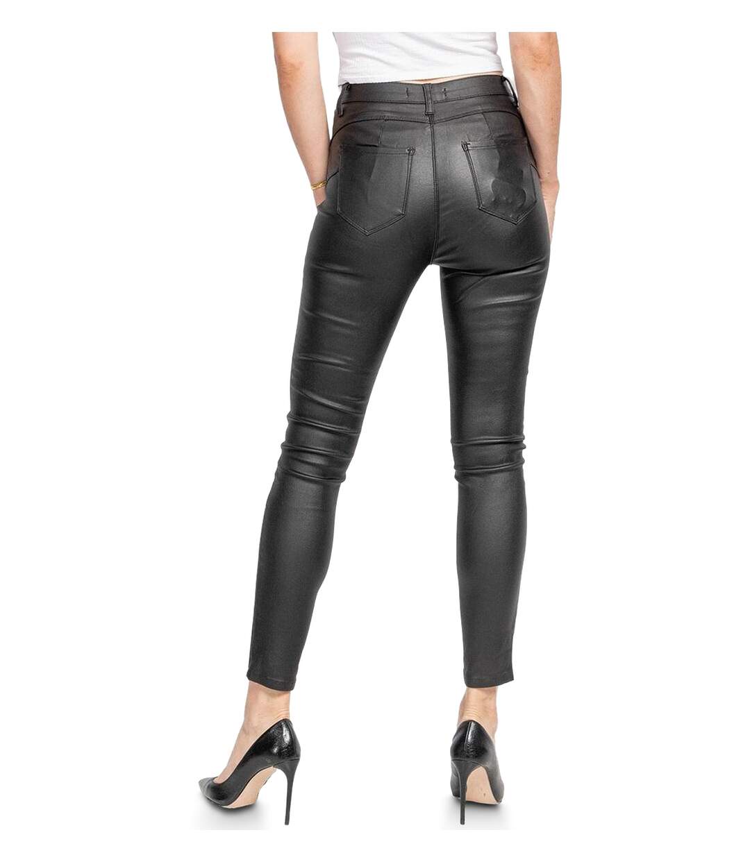 Jean femme slim fit enduit / Simili cuir Skinny Taille haute - Couleur noir-2