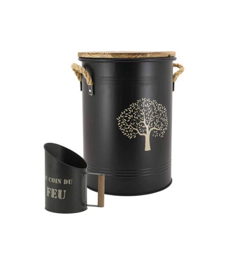 Tabouret et seau à pellets avec pelle Au coin du feu Métal laqué Arbre de vie