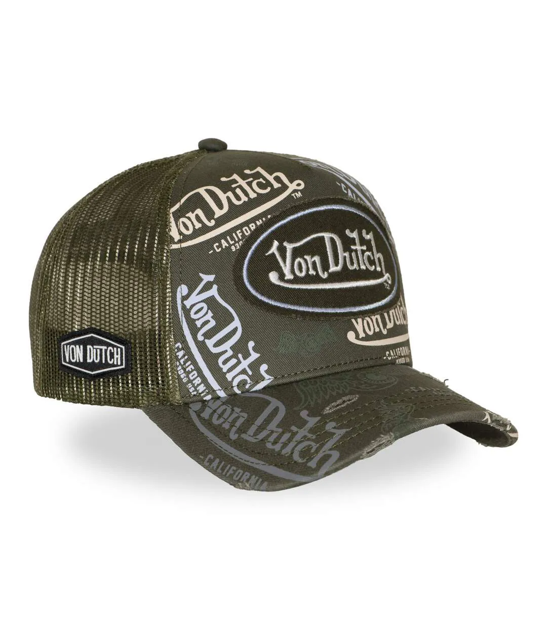 Casquette trucker effet usé avec patch et print Café Olive Vondutch-4
