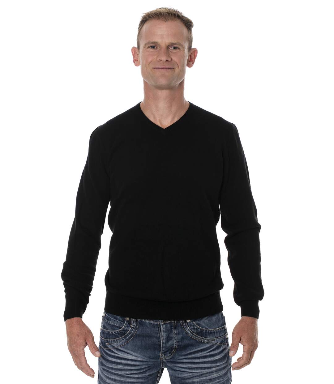 Pull mérinos homme 100% laine col V noir-1