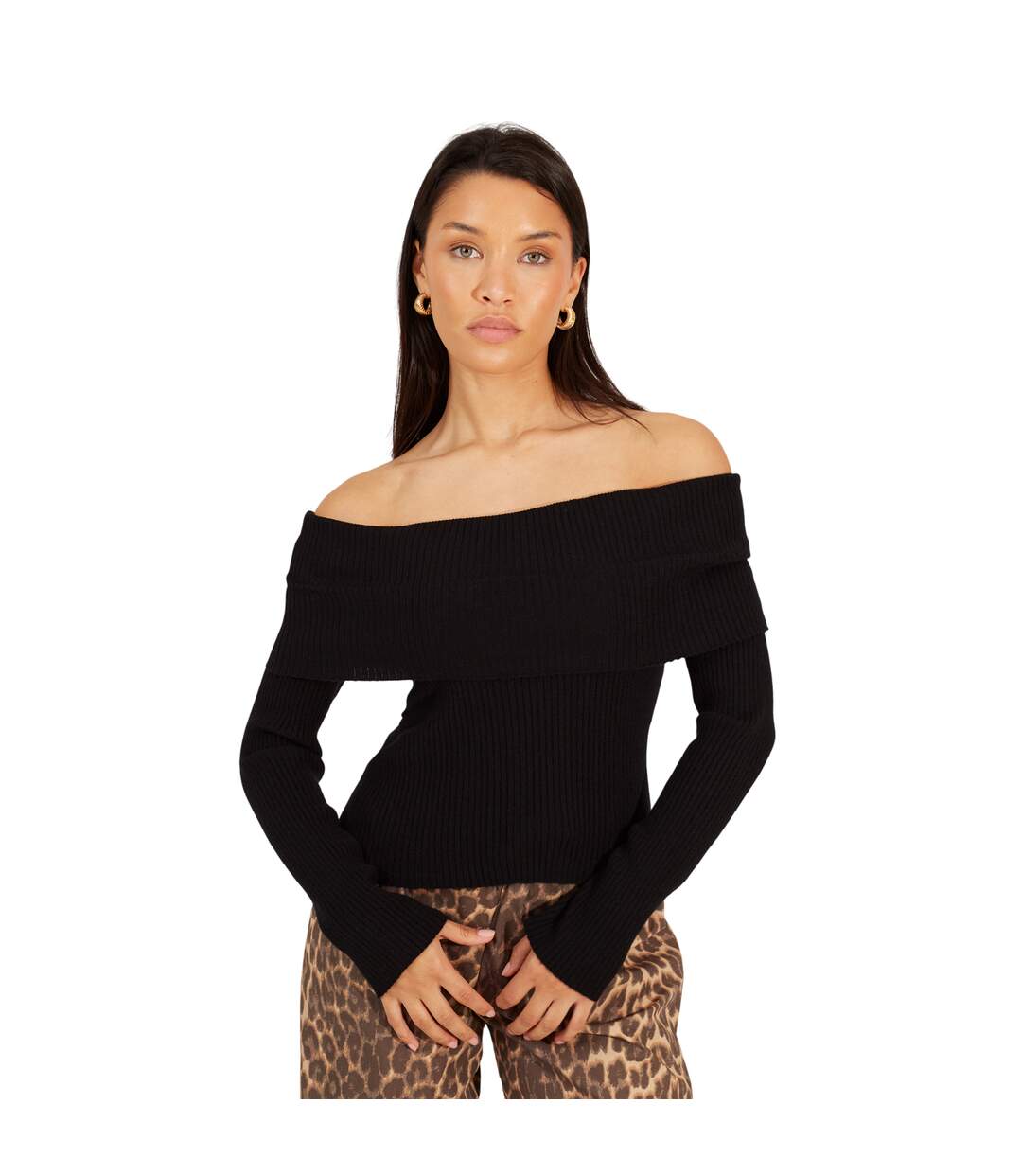Womens/ladies Ribbed Bardot Jumper Black Brave Soul-2