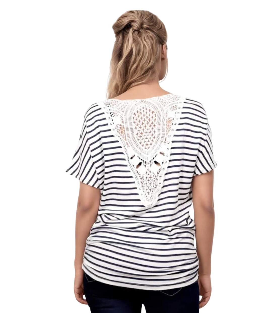 Tee-shirt femme rayé blanc à  dentelle au dos - Un essentiel simple et élégant-2