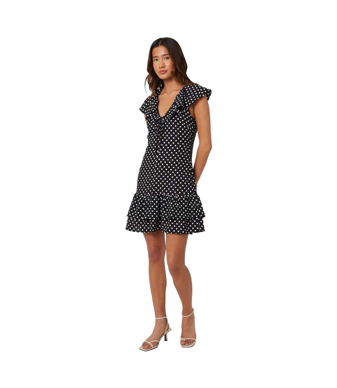 Womens/ladies Polka Dot Frill Detail Mini Dress Black Cream Brave Soul-1