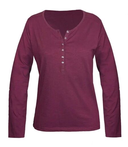 MAYFLOWER NINON4 : Tee-shirt manches longues prune en coton flammé avec patte boutonnée