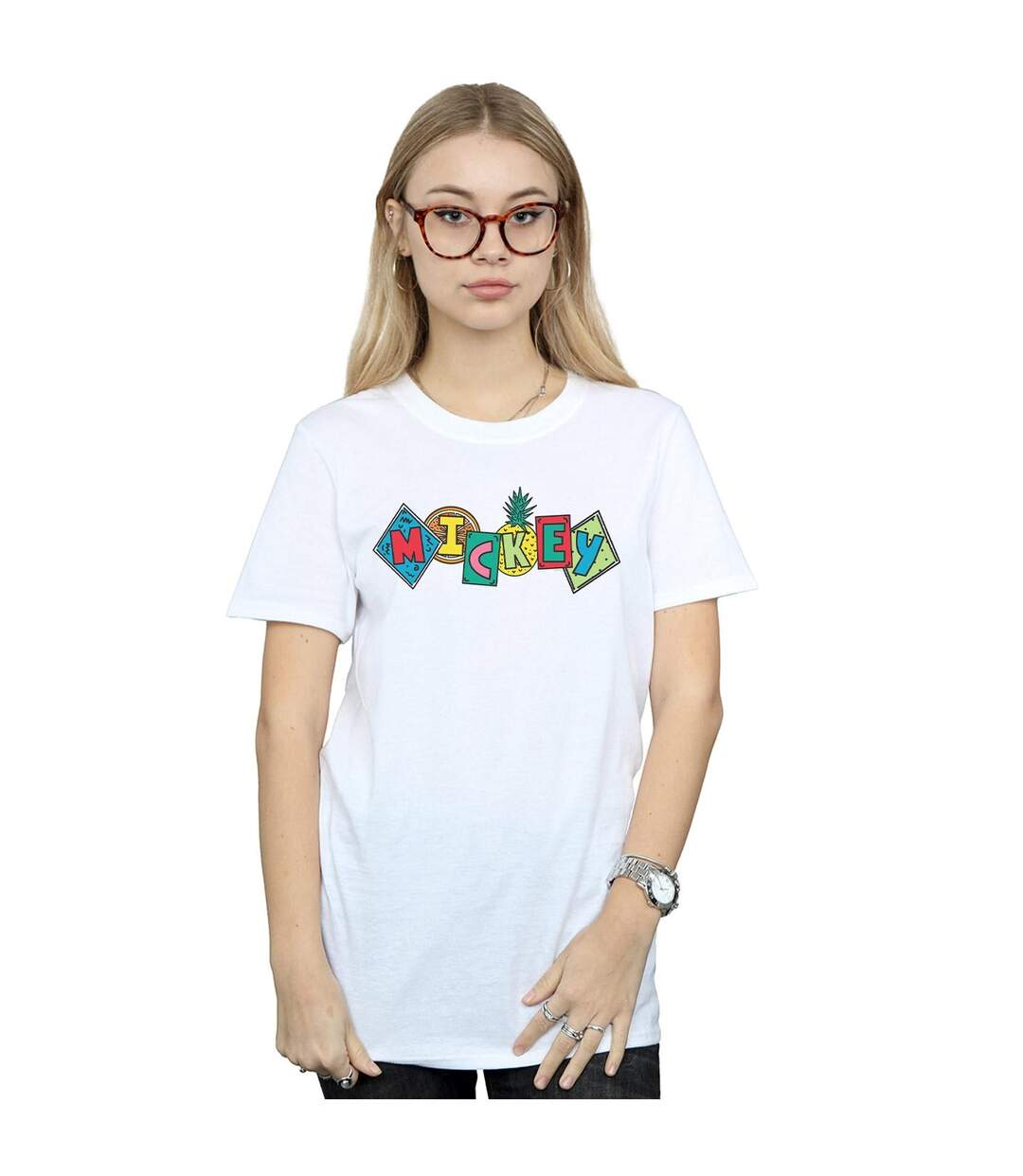 Disney Femme/Ladies Mickey Mouse Fruit Blocks Cotton Boyfriend T-Shirt (Blanc) - UTBI37046-2