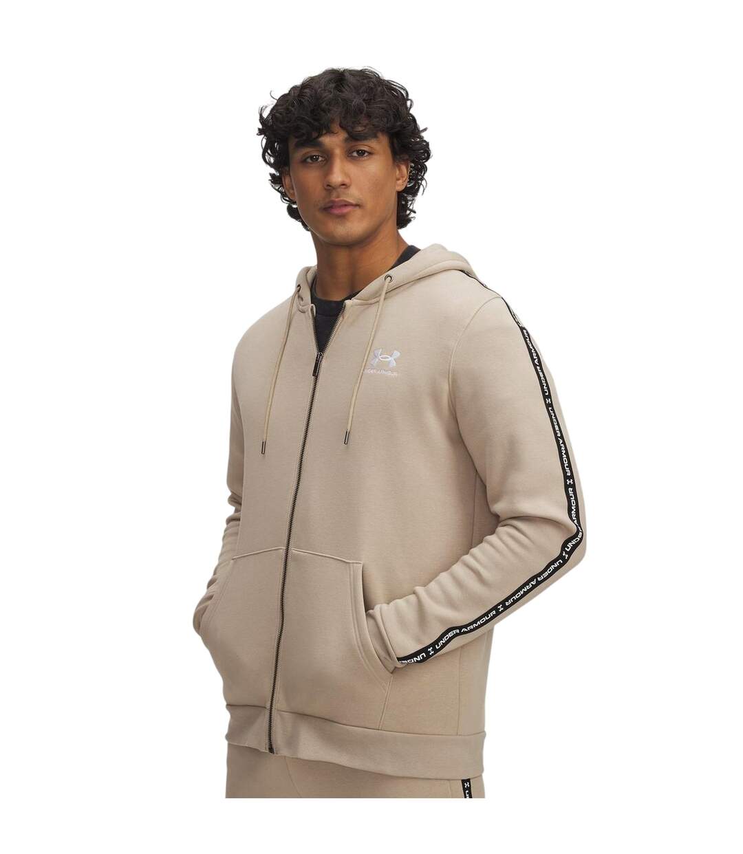 Mens Fleece Taped Sleeve Full Zip Hoodie Khaki Under Armour-1
