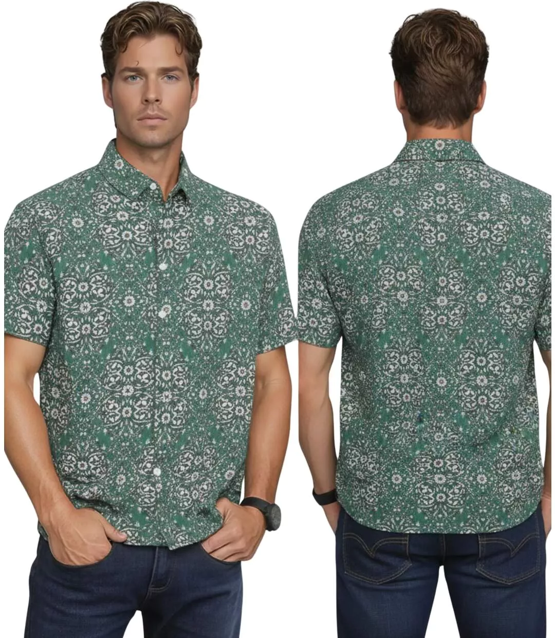 Chemise homme manches courtes à  motifs floraux verte en viscose, coupe ajustée, style décontracté-2