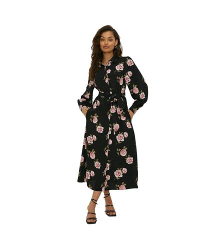 Womens/ladies floral waist tie petite midi shirt dress black Dorothy Perkins