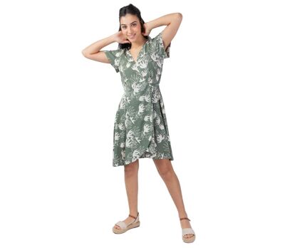 Robe courte encolure cache-cœur MARIKA motif fleur de lotus Coton Du Monde