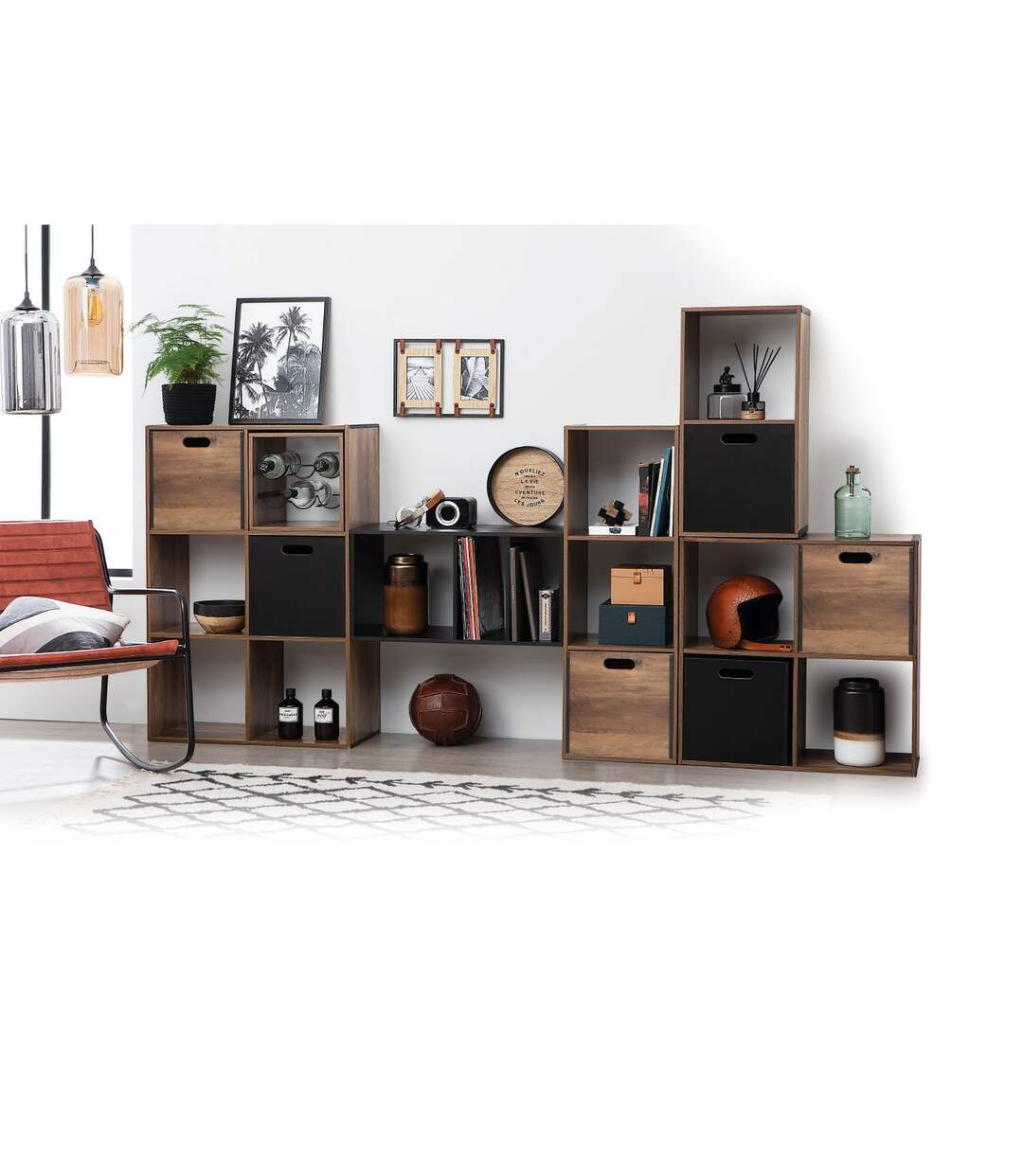 Lot de 6 Boîtes de rangement design en MDF effet bois - marron et noir-2
