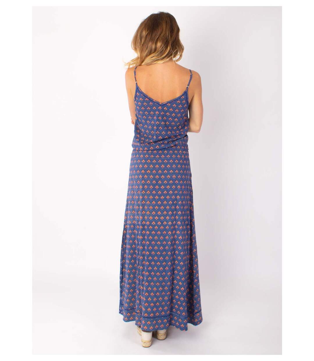 Robe longue fendue fines bretelles ALBA motif ethnique bleu Coton Du Monde