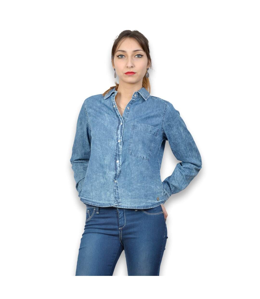 Chemise manches longues en jean femme  jean délavé coupe courte et ajustée-1