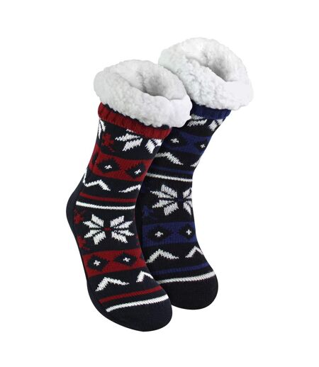 Lot de 2 chaussettes pantoufles en tricot Fairisle pour hommes avec Sherpa