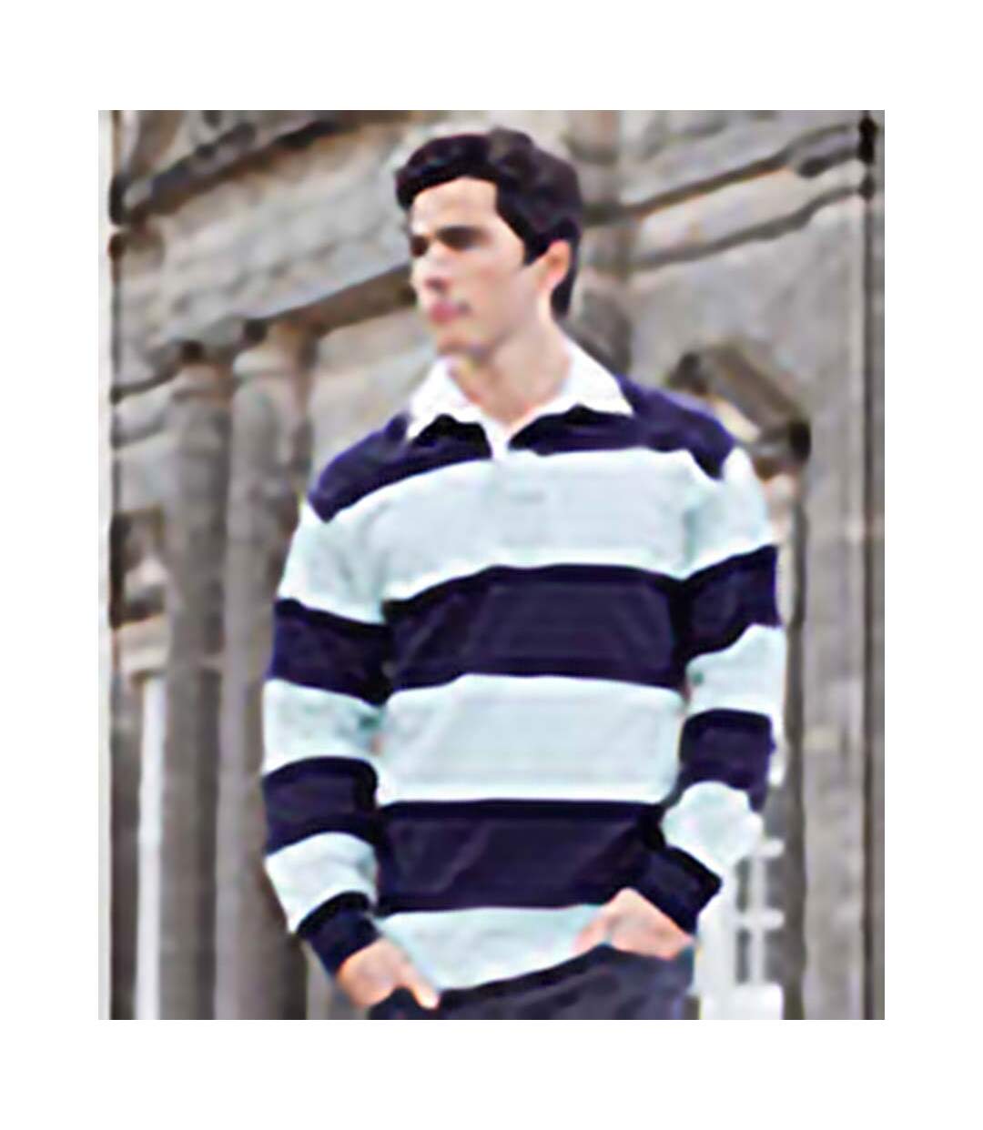 Front Row Sewn Stripe Long Sleeve Sports Rugby Polo Shirt (Duck Egg/Navy)