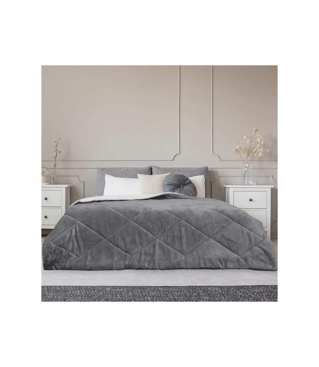 Paris Prix - Couvre-lit Flanelle sherpa 220x240cm Gris