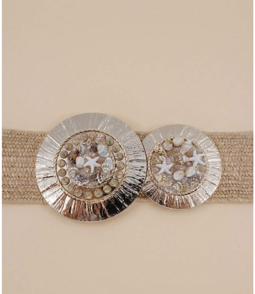 Ceinture Femme élastique Taupe - Boucle Dorée & Coquillage - Taille Unique-2