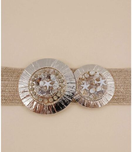 Ceinture Femme élastique Taupe - Boucle Dorée & Coquillage - Taille Unique