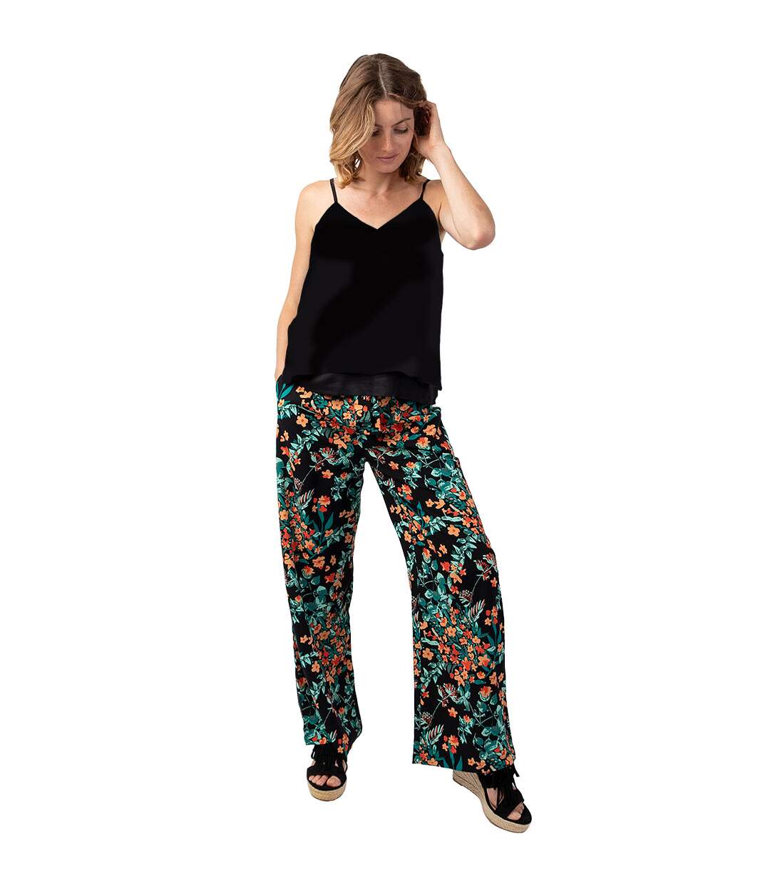 Pantalon femme fluide été MELODY noir motif fleuri Coton Du Monde