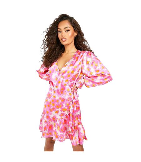 Womens/ladies Floral Satin Skater Dress Pink Influence