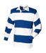 Front Row Sewn Stripe Long Sleeve Sports Rugby Polo Shirt (White & Royal (White collar)) - UTRW476