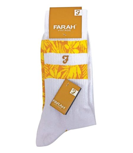 Farah - 2 Pairs Mens Cotton Ribbed White Sports Socks with Red Blue Yellow Stripes