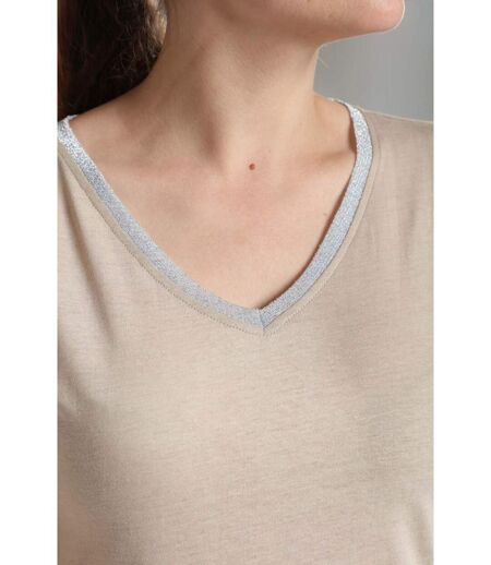 Tee shirt col v lurex manches courtes femme Tee Sun Taupe Clair | Gerard Pasquier